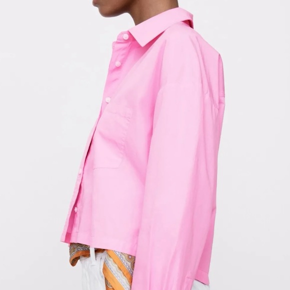 NWT Zara Cropped Shirt Baby Pink Button Down With Pockets Size Large - Picture 2 of 6